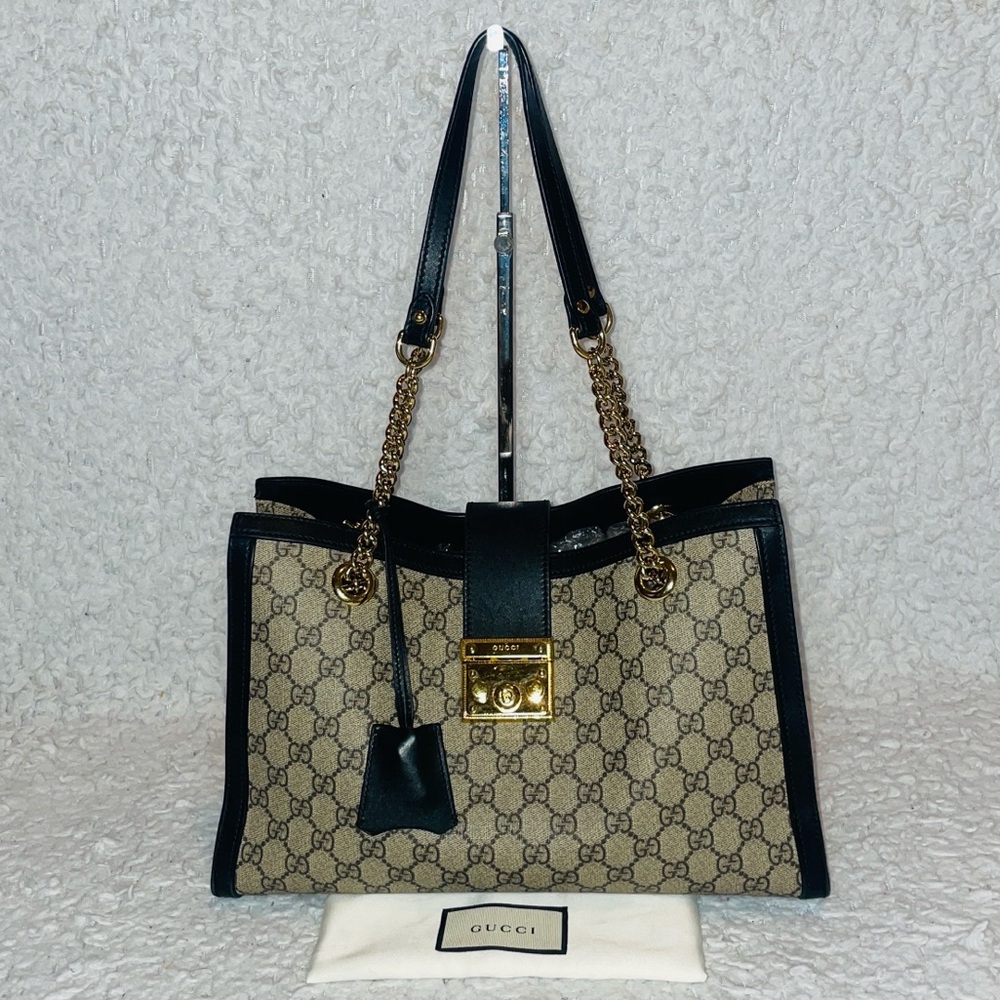 Gucci GG Guccissima Supreme Padlock Chain Shoulder Bag Tote Beige Black